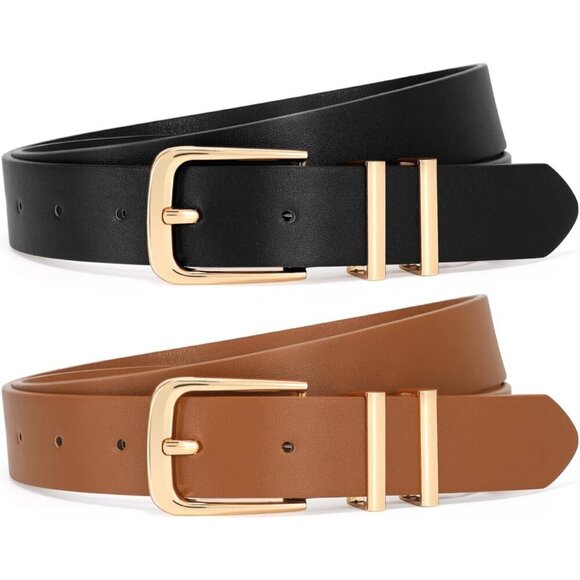 Women Belt Faux Leather 1inch Wide Adjustable Gold Buckle for Jeans Pants